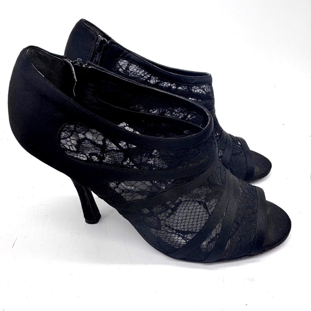 Nina Lace Peep Toe Booties Women 7.5 Black Elegant Side Zip